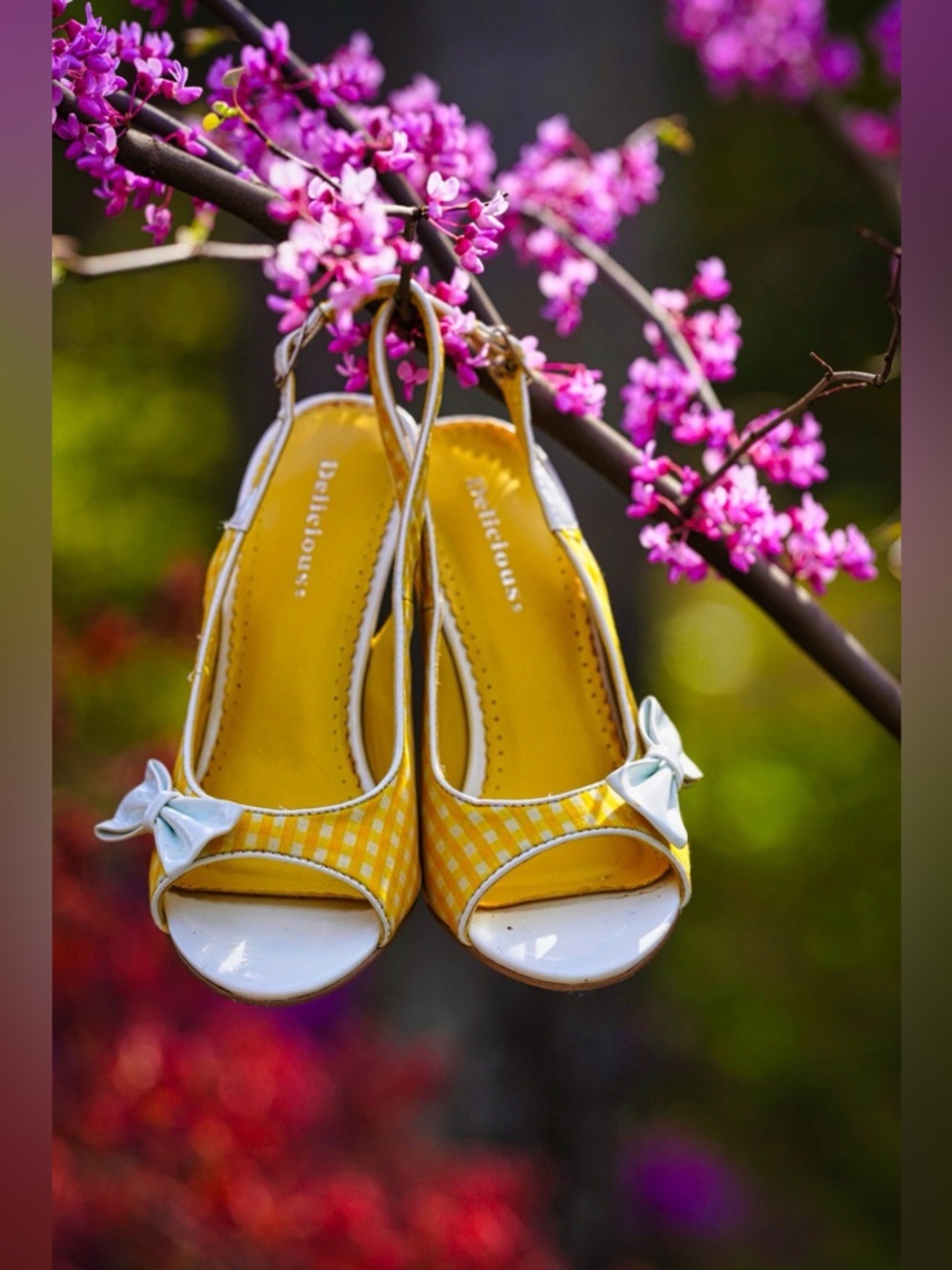 Delicious Yellow & White Gingham Peep Toe Slingback Heels - Picture 2 of 15